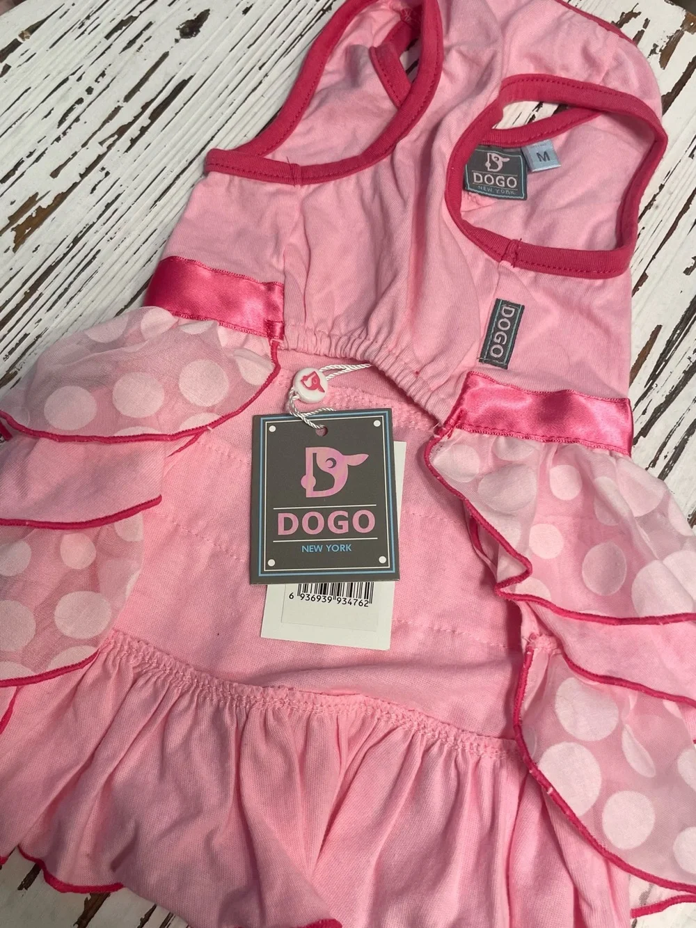 Pink Polka Dot Ruffle Dog Dress with Hot Pink with Flower Waistband Medium